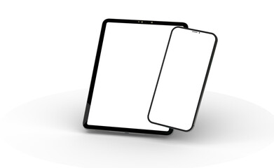 Gadgets including smartphone, digital tablet and laptop, blank screen with