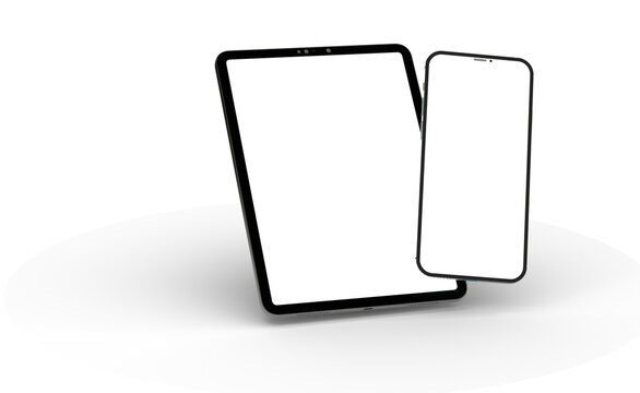 Black tablet computer with blank screen, isolated on white background