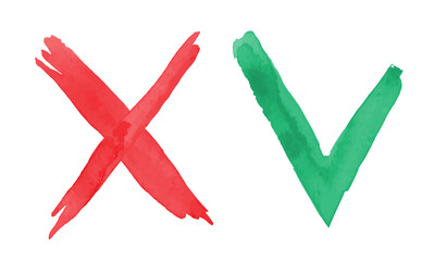 Check and cross watercolor buttons. Red and green ok icons. Vector clipart isolated on white background.