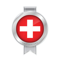 Flag of Switzerland Silver Medal Vector. Realistic 3d silver trophy award medals for winner. Honor prize. Realistic illustration.