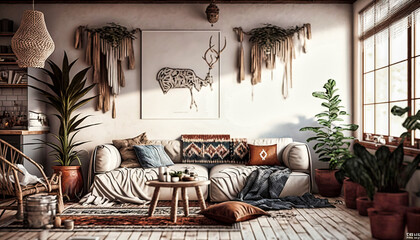 Boho style interior design idea. Generative AI