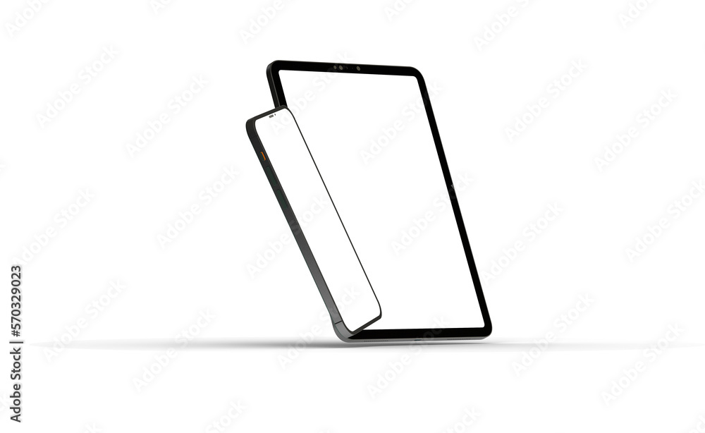 Poster modern tablet computer stand with blank screen isolated on white background