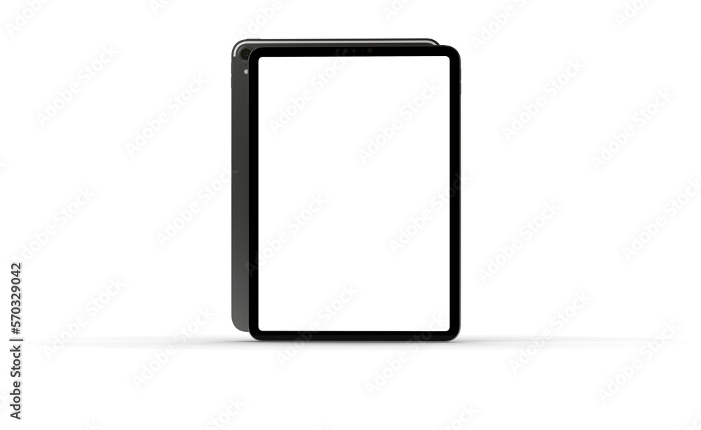 Poster modern tablet computer stand with blank screen isolated on white background