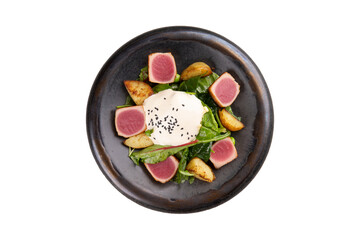 Grilled tuna, lettuce and potato wedges in a plate. Transparent.