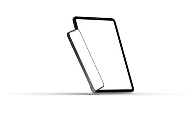 Modern tablet computer stand with blank screen isolated on white background