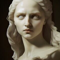 Generative AI image featuring the white marble bust of a beautiful, elegant noble woman from the renaissance era or medieval middle ages. Statue of a renaissance girl.