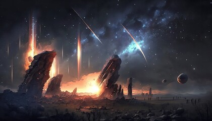 illustration of meteor shower fall into earth's atmosphere make fire trail in sky and crash on wasteland earth surface , nature calamity disaster, generative ai