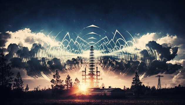bad weather sky with wave emerge around radio tower, Generative Ai