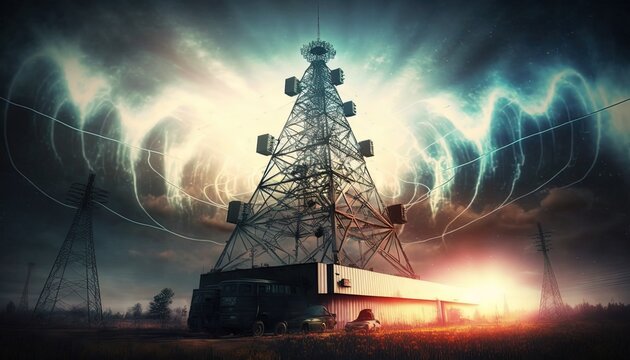 bad weather sky with wave emerge around radio tower, Generative Ai