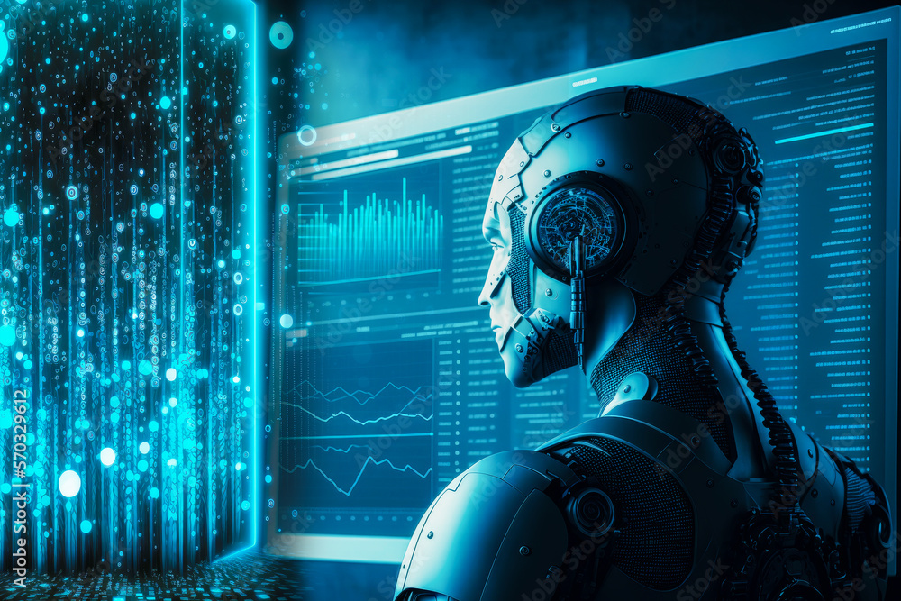 Aufkleber Artificial intelligence AI analysis big data in smart office concept ,robot AI and algorithms replacing human workers in many industrie