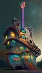 building hotel or house that design in music theme, guitar house, Generative Ai