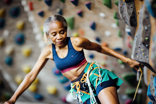 An Older African American Woman Scaling Heights at an Indoor Rock Climbing Gym Generative AI Photo