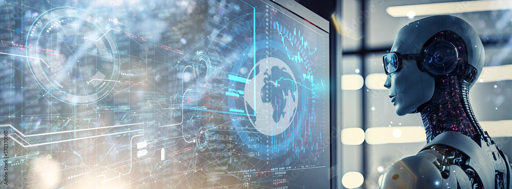 Poster Artificial intelligence AI analysis big data in smart office concept ,robot AI and algorithms replacing human workers in many industrie