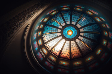 A circular stained glass window in a building, Generative AI