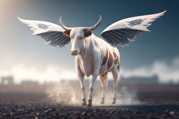 A bull with wings standing in a field, Generative AI
