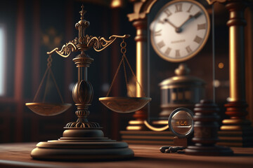 A scale with a clock and a magnifying glass, Generative AI