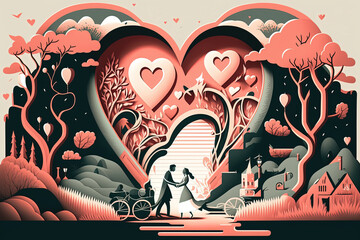 Valentine's Day or a Wedding Couple Holding Hands with a Theme of Love and Affection Hearts pink cream grey paper cut Illustration depth