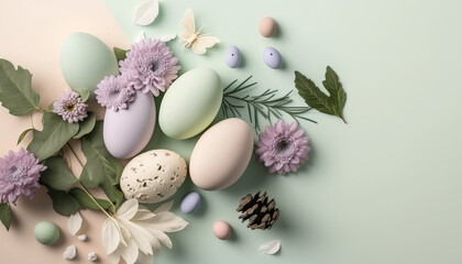 Beautiful easter eggs with flowers, decoration, pastel green and purple, banner, Generative AI