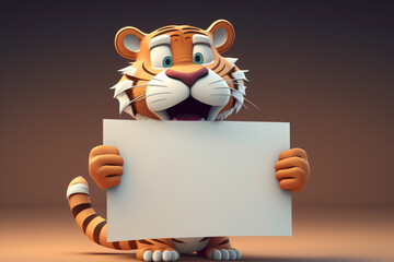 A cartoon tiger holding a blank sign, Generative AI