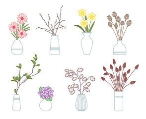 1354_Set of vases with bouquet of flowers, twigs and dried plants
