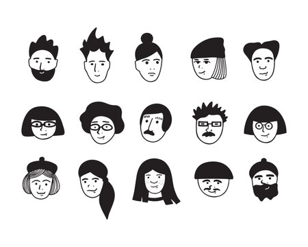 Hand drawn human faces doodle set. Black and white icons collection.