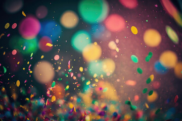 Fototapeta na wymiar Colorful confetti in front of colorful background with bokeh for carnival - created with AI