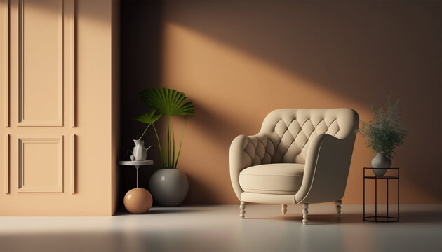Interior with armchair, beige color and clean background, made with Generative AI