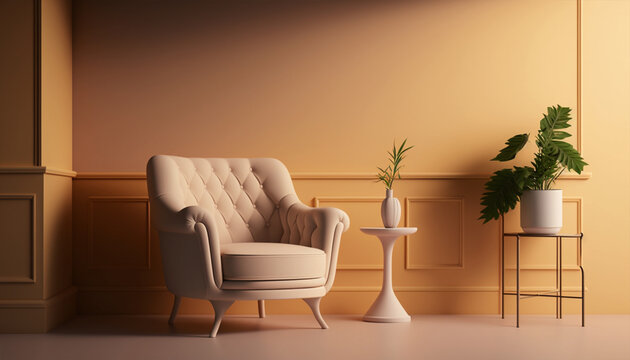 Interior with armchair, beige color and clean background, made with Generative AI