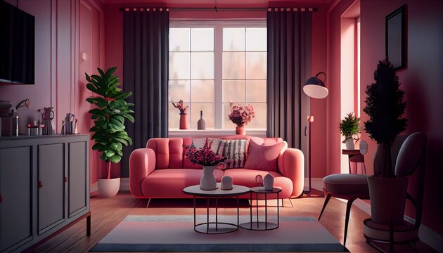 小さなリビング ルームの装飾のアイデア、generative ai、家の装飾デザイン、ビバ マゼンタ、モダンなスカンジナビアのアパートのピンク色の赤い色のインテリア、植物や装飾を備えた整頓されたリラックス スタジオ