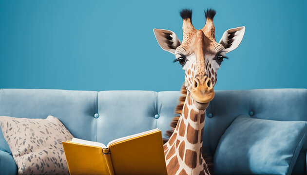 girafe reading book on sofa, learning and knowladge concept, Generative ai