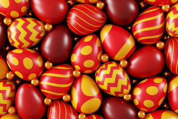 Fototapeta na wymiar A colorful Easter eggs on red background. Happy Easter day concept. top view. 3D illustration