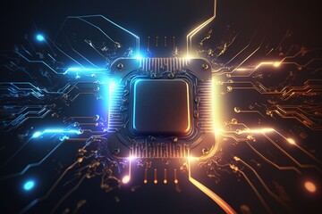 Futuristic microchip processor. Quantum computer, big data processing, database concept. Development of technologies of the future CPU and microprocessors for machine learning, ai	

