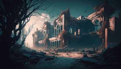 Fototapeta na wymiar Abandoned Ruined city, post apocalyptic city, urban horror fantasy decor. Generative ai