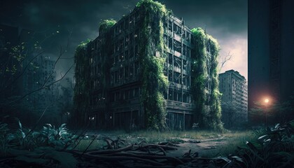 Fototapeta na wymiar Abandoned Cityscape, post apocalyptic city, dark mood, urban horror fantasy decor. Generative ai