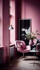 Contemporary nordic home living room with polished concrete floors, Scandinavian design, generative ai, with dark and moody pink color, stylish indoors luxury decorative house
