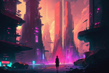 futuristic cyberpunk , neon lights, digital illustration