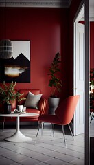 Contemporary nordic home living room with polished concrete floors, Scandinavian design, generative ai, with dark and moody red color, stylish indoors luxury decorative house
