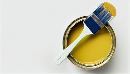 Gelber Farbtopf mit Pinsel isoliert auf weißen Hintergrund mit Platzhalter. Wandfarbe zum Renovieren - Generative Ai