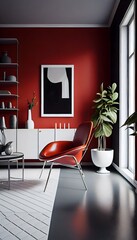 Contemporary nordic home living room with polished concrete floors, Scandinavian design, generative ai, with dark and moody red color, stylish indoors luxury decorative house
