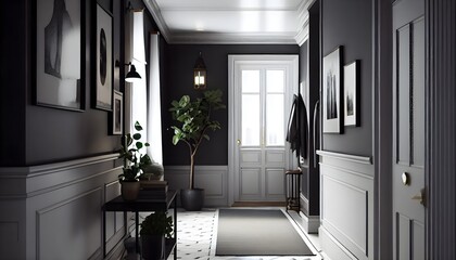 Contemporary nordic home entry hall with polished concrete floors, Scandinavian design, generative ai, with dark and moody black and white color, stylish indoors luxury decorative entryway
