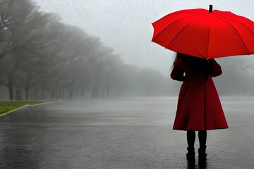 Woman hold red umbrella on the raining day 
