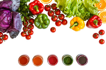 Fresh colorful organic vegetables on isolated png background farming and healthy food concept jars with vegetable sauces top view copy space - 570334096