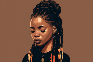 Flat vector illustration Stylish african woman with braids standing with closed eyes in studio  