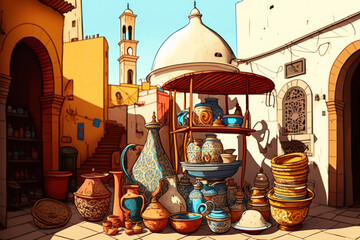 Tunis, Tunisia August 27, 2022 Common items on display in the medina. 700 monuments total, including palaces, mosques, mausoleums, madrasas, and fountains, may be found throughout the Medina