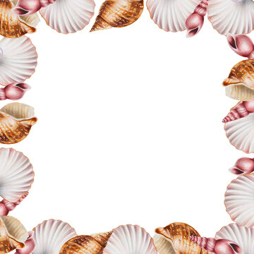 Watercolor frame with shells. Hand painting clipart underwater life objects on a white isolated background. For designers, decoration, postcards, wrapping paper, scrapbooking, covers, invitations