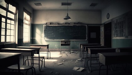 Classroom in an abandoned school with a blackboard in the background generative ai