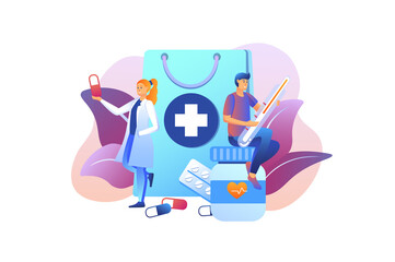 Violet gradient concept Pharmacy with people scene in the flat cartoon design. Man examines the medicine he bought at the pharmacy.