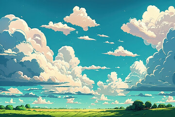 Fototapeta premium Wide sky panorama with scattered cumulus clouds. Generative AI