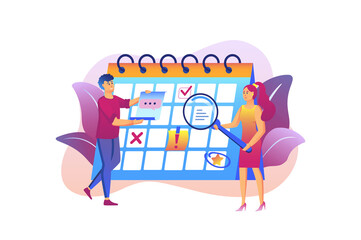 Business daily planning violet gradient concept with people scene in the flat cartoon style. Employees of a business company make a plan of events for the near future.
