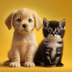 Obraz premium Cute puppy and kitten on yellow background. Ai generative.